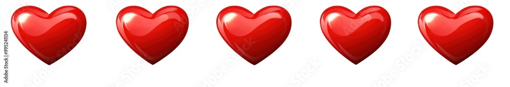 5 red hearts of the same size, in a vector style, on a white background. 5 red hearts of the same size, in a vector style, on a white background.
