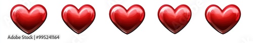 5 red hearts of the same size, in a vector style, on a white background. 