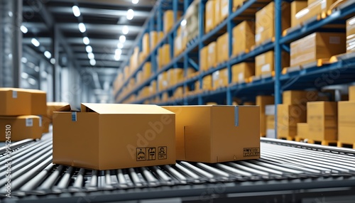 Efficient logistics and industrial automation showcased by a conveyor belt transporting packages through a modern warehouse