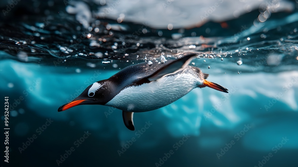 Fototapeta premium Majestic penguin diving gracefully underwater with the frozen Antarctic landscape visible above the surface of the icy blue ocean