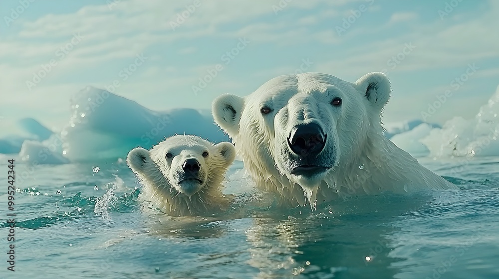 Naklejka premium Majestic Polar Bear and Her Cub Gracefully Swimming Through the Melting Arctic Waters Surrounded by Ice Floes and a Serene Icy Landscape