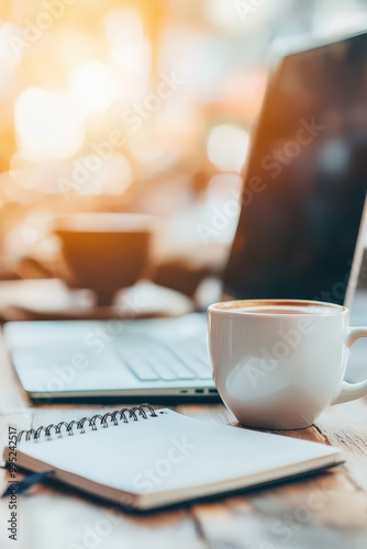 Asian freelancer working on a computer with notebooks and coffee nearby