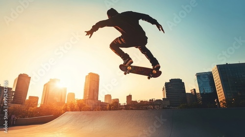 Urban Skater Mastering a Kickflip with Cityscape Backdrop in USA