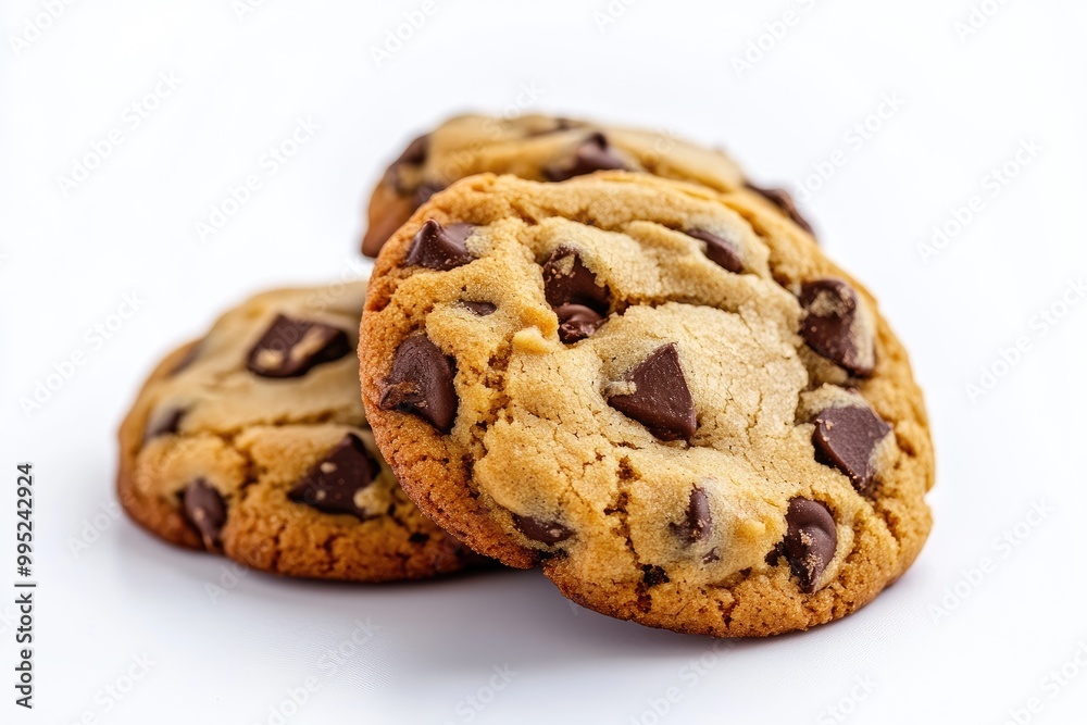 Three Chocolate Chip Cookies on White Background