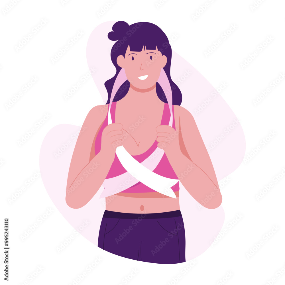 Patient woman with cancer ribbon, flat illustration Patient woman with cancer ribbon, flat illustration