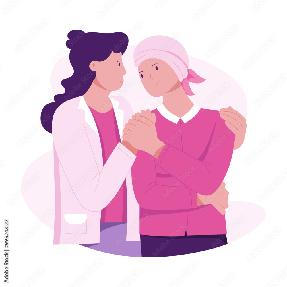 Doctor consoling cancer survivor, flat illustration Doctor consoling cancer survivor, flat illustration