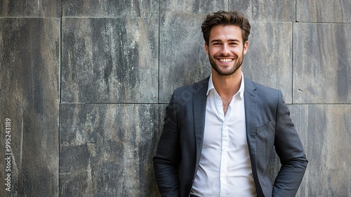 Confident Businessman Smiling by Textured Wall