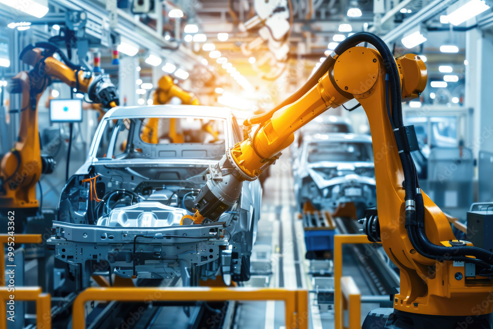 a technician working with the robotic arm in a car manufacturing industry, a technician working with the robotic arm in a car manufacturing industry,