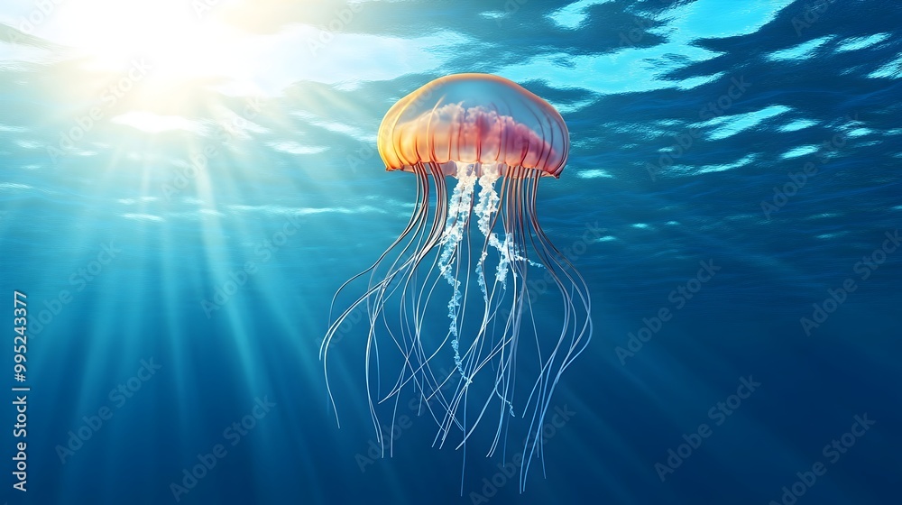 Mesmerizing image of a jellyfish gracefully drifting through the shimmering ocean depths its tentacles swaying gently in the currents as the sun s rays dance on the water s surface above Mesmerizing image of a jellyfish gracefully drifting through the shimmering ocean depths its tentacles swaying gently in the currents as the sun s rays dance on the water s surface above