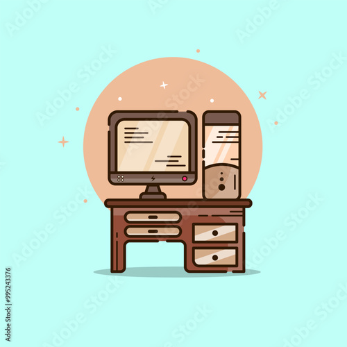Simple Computer Desk with Chair in Flat Color on cartoon style