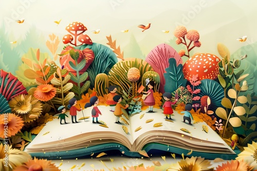 A book is open to a page with a group of children playing in a forest