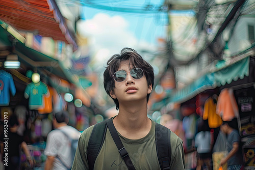 A young Asian traveling backpacker exploring the Road outdoor market