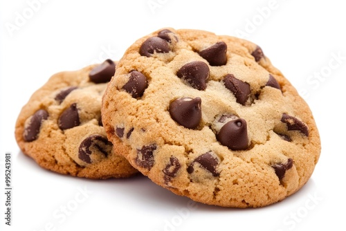 Two Close-Up Chocolate Chip Cookies Isolated on White Background