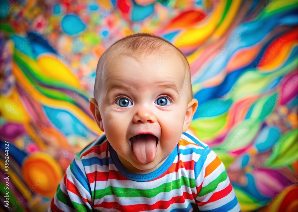Endearing baby caught making funny faces with a tongue-tied twist, surrounded by a lively, colorful setting that Endearing baby caught making funny faces with a tongue-tied twist, surrounded by a lively, colorful setting that