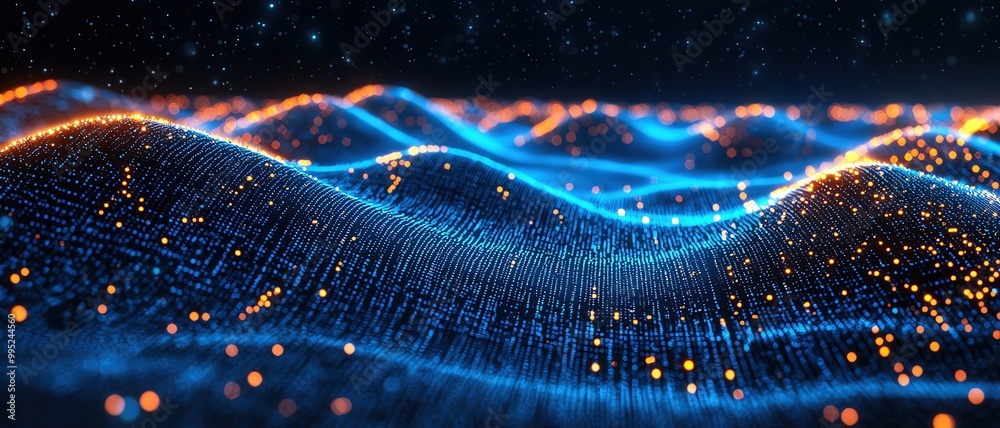 A wave of AIgenerated data points rippling through space, creating abstract waves of digital information A wave of AIgenerated data points rippling through space, creating abstract waves of digital information