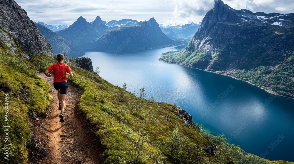 Adventurous Trail Runner Racing Through Dramatic Norwegian Mountainside Path Adventurous Trail Runner Racing Through Dramatic Norwegian Mountainside Path