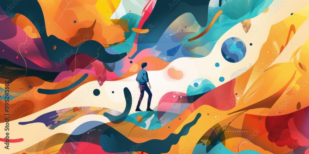 Fototapeta premium Abstract Colorful Digital Art with Person Standing in Surreal Landscape