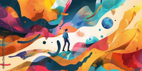 Abstract Colorful Digital Art with Person Standing in Surreal Landscape