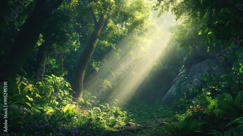 A tranquil forest with sunlight filtering through dense foliage