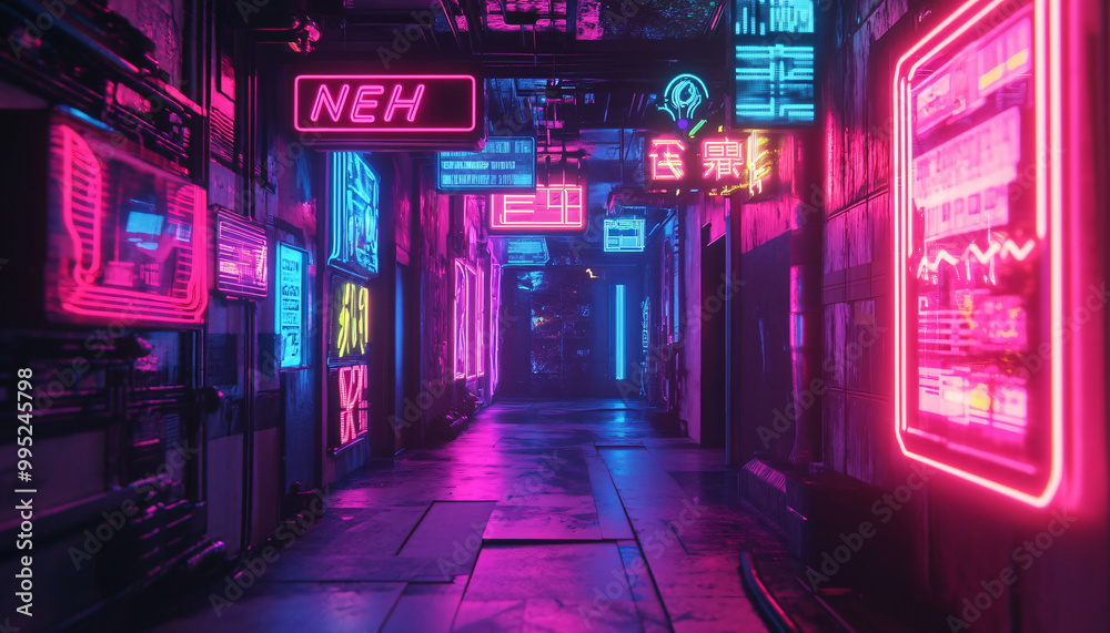  Bright, glowing neon signs in various shapes and colors, with a futuristic, cyberpunk-style backdrop