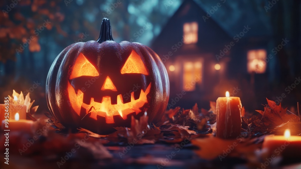 Halloween scary pumpkin, candles and dry leaves on the background of the evening house. halloween background. Halloween scary pumpkin, candles and dry leaves on the background of the evening house. halloween background.