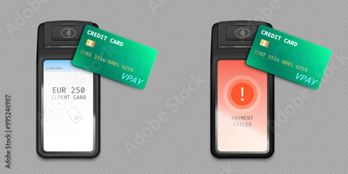 3d machine for credit card to nfc pay. Pos terminal for contactless bank transaction with mobile phone. Cashless system mockup and failure or invoice screen. Red problem on checkout in shop concept