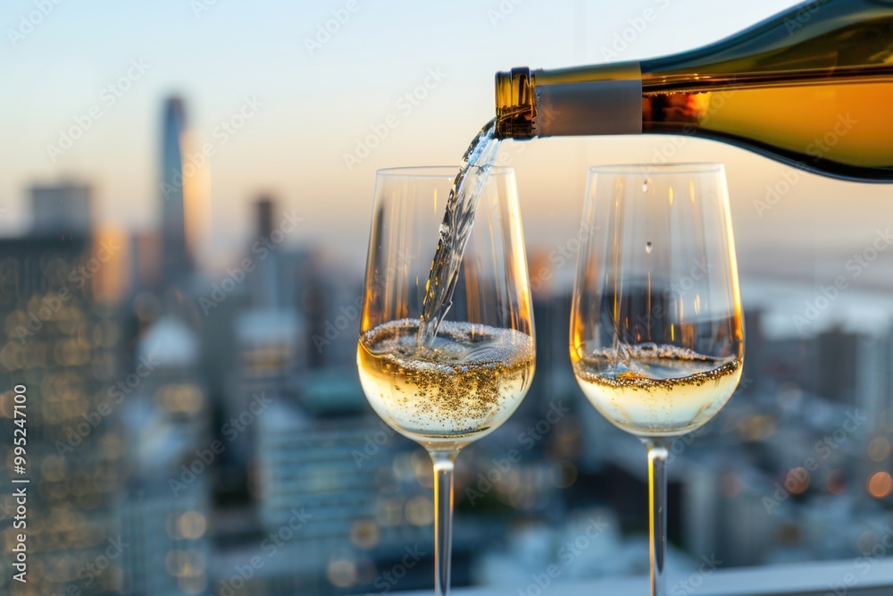 Obraz premium Pouring two glasses of white wine from a bottle with a city skyline view and copyspace