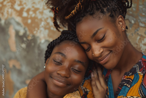 An African American Woman Embracing Her Smiling Teen Daughter, the Concept of Family Love and Single Parent Child Relationship. photo