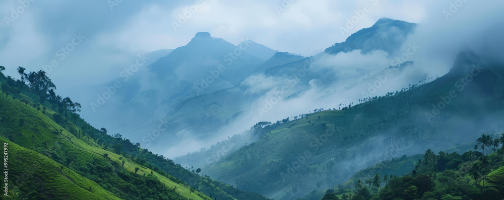 An enchanting scene of mist-covered mountains in the morning, portraying the captivating beauty of nature essence of tourism and travel, An enchanting scene of mist-covered mountains in the morning, portraying the captivating beauty of nature essence of tourism and travel,