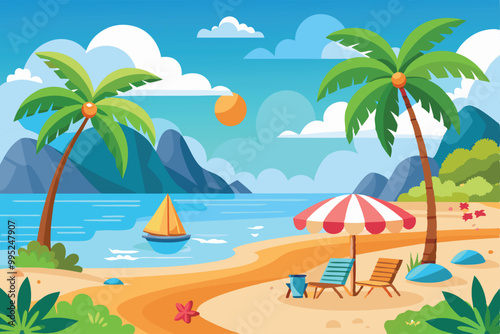 Summer beach with sea illustration.