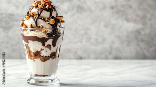 Close up of a decadent chocolate brownie sundae with vanilla ice cream, pecans, and chocolate sauce.