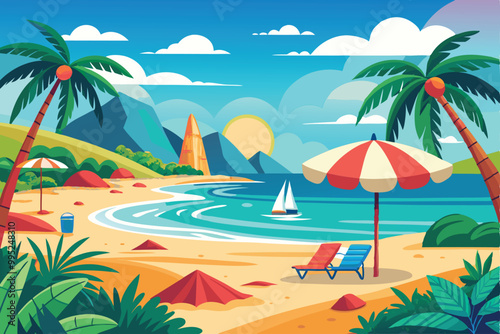 Summer beach with sea illustration.