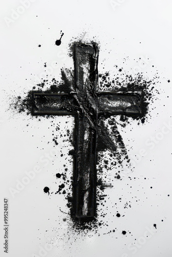 Ash Wednesday: Christian Cross Marked with Ash on White Background