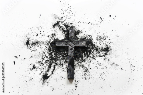 Ash Wednesday: Christian Cross Marked with Ash on White Background photo