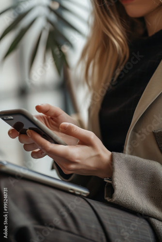 At the office, a businesswoman is using a mobile smart phone or a digital tablet computer. focus is on her hand, which is holding the smartphone