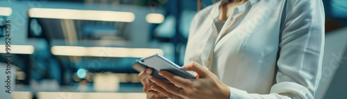 At the office, a businesswoman is using a mobile smart phone or a digital tablet computer. focus is on her hand, which is holding the smartphone