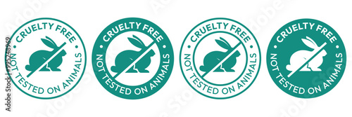 Cruelty Free label, logo, badge, icon, sticker, symbol, emblem, stamp, green, line, flat vector, isolated illustration. Cruelty free not tested on animals label for product packaging design.