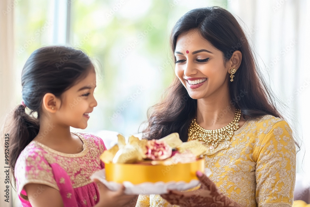 indian mother and children holding gift box together indian mother and children holding gift box together