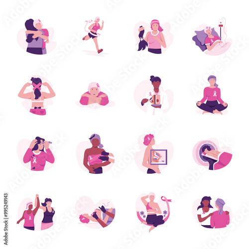 Set of 16 Breast Cancer Flat Illustrations 