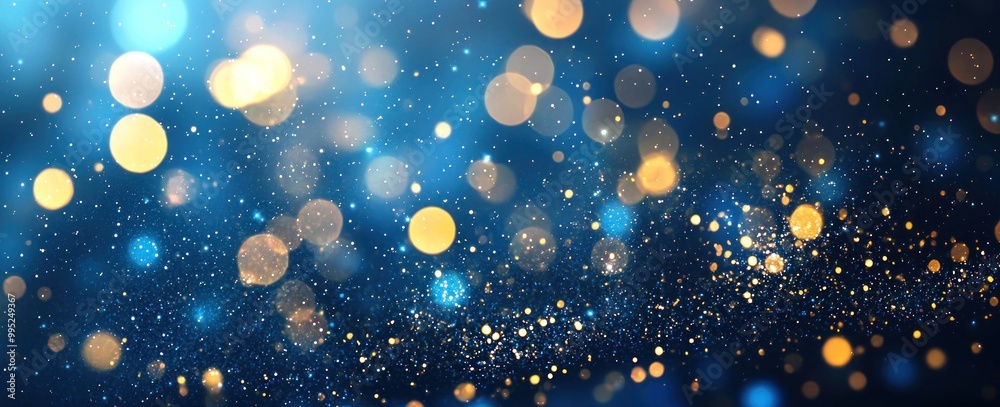 Abstract dark blue background with bokeh lights and stars. Space, galaxy, or night sky concept. Banner design. Dark blue abstract background with blurred golden glitter light effect. Abstract dark blue background with bokeh lights and stars. Space, galaxy, or night sky concept. Banner design. Dark blue abstract background with blurred golden glitter light effect.
