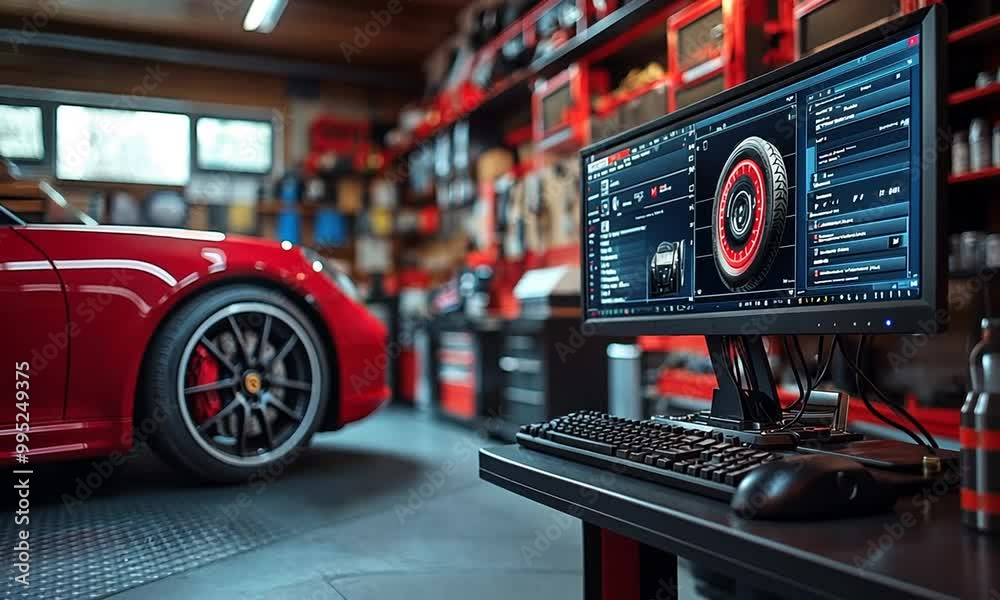 Red Sport Car in Garage with Computer Design Software Red Sport Car in Garage with Computer Design Software