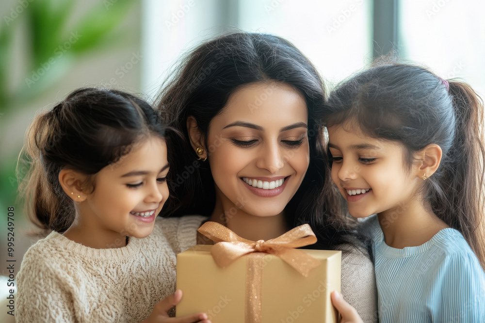 indian mother and children holding gift box together indian mother and children holding gift box together