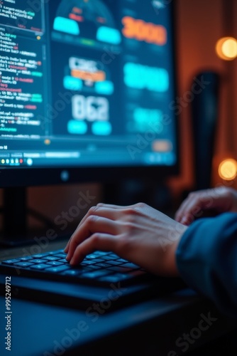 Focused hands typing on the keyboard, tracking real-time stock market data on the monitor.
