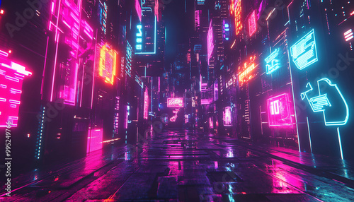  Bright, glowing neon signs in various shapes and colors, with a futuristic, cyberpunk-style backdrop