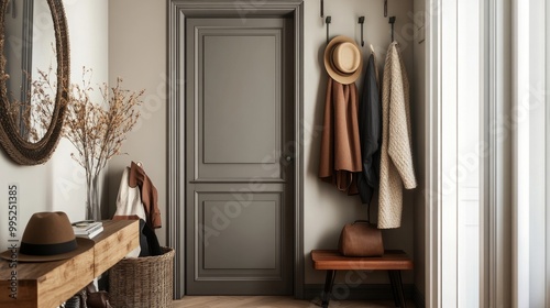 Small home entryway with a stylish clothes rack, hanging coats, hats, and accessories. Practical and welcoming space.