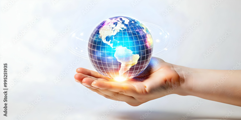 Flat Vector Illustration of a Hand Holding a Holographic Globe Symbolizing Global Unity and Peace for Human Rights Day, Emphasizing Interconnectedness and Equality in a Futuristic Style Flat Vector Illustration of a Hand Holding a Holographic Globe Symbolizing Global Unity and Peace for Human Rights Day, Emphasizing Interconnectedness and Equality in a Futuristic Style