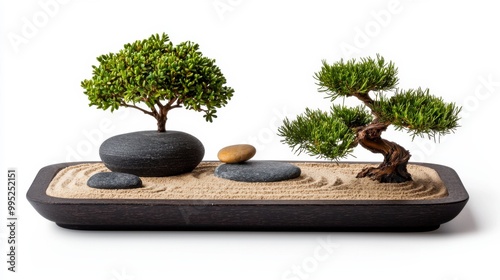 Serene miniature landscape with bonsai trees, rocks, and sand, perfect for relaxation and meditation spaces. photo