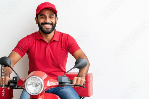 Indian delivery boy riding motorcycle photo