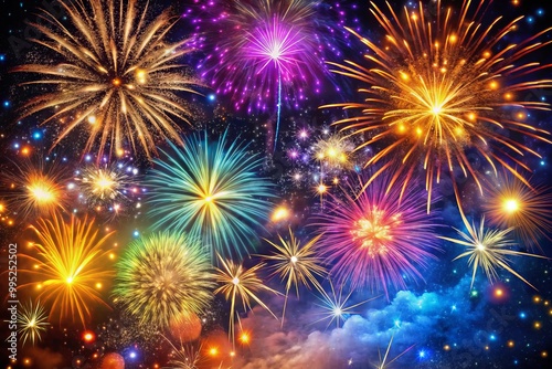 Festive Happy New Year Background with Colorful Fireworks and Sparkling Stars in Night Sky