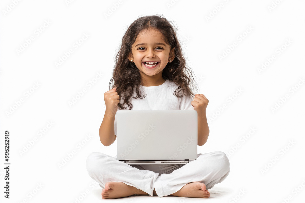 Indian girl sitting on the floor and cheering with her laptop Indian girl sitting on the floor and cheering with her laptop